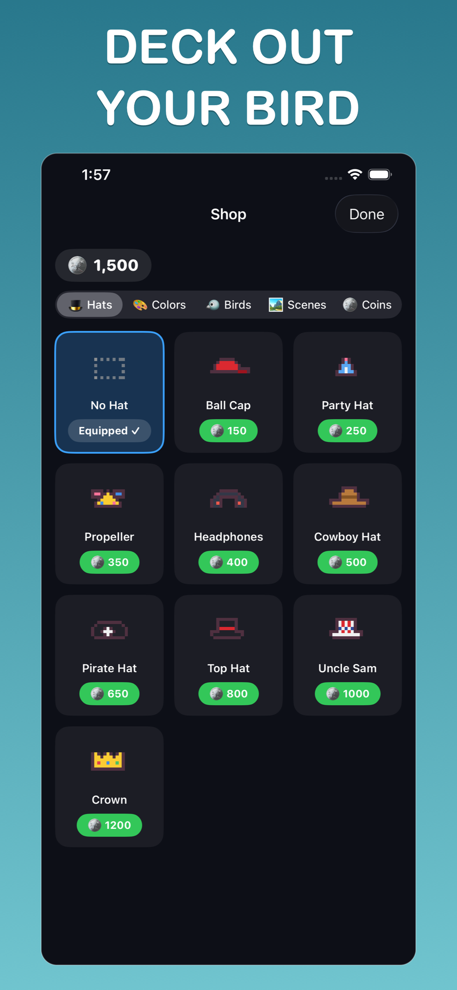 Freedem Birdz shop with hats, birds, and scenes to unlock
